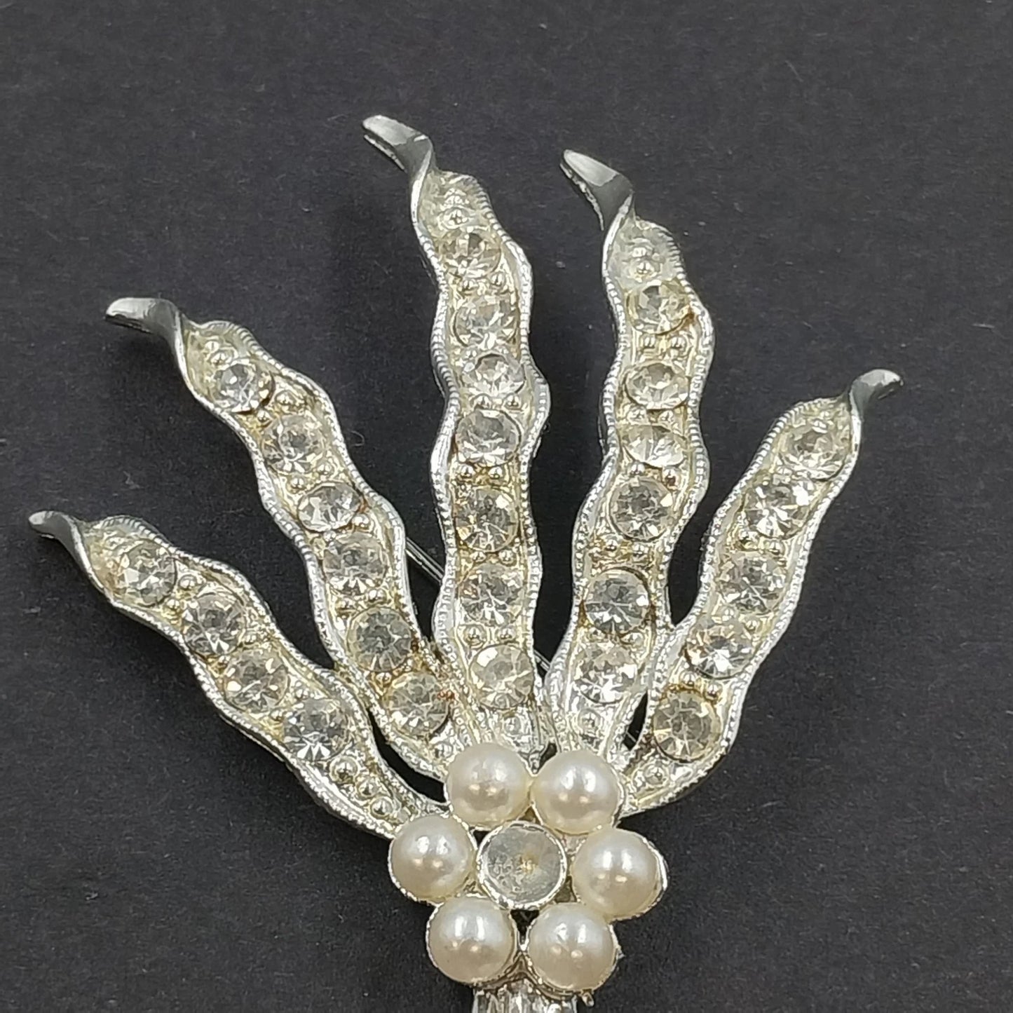 Silver Tone Floral Spray Brooch Rhinestone Faux Pearl Vintage Missing Pearl