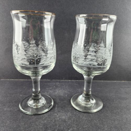 2 Arby's Stemmed Wine Glasses Winter Wonderland Tree Libby's Vintage 3" d x 7" h