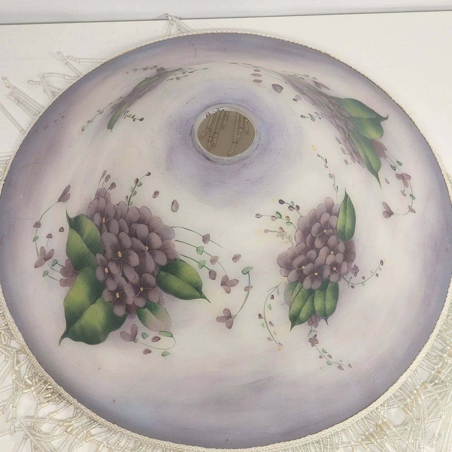 Frosted Purple Glass Lamp Shade Hand Painted Violets Beaded Fringe 16" Vintage