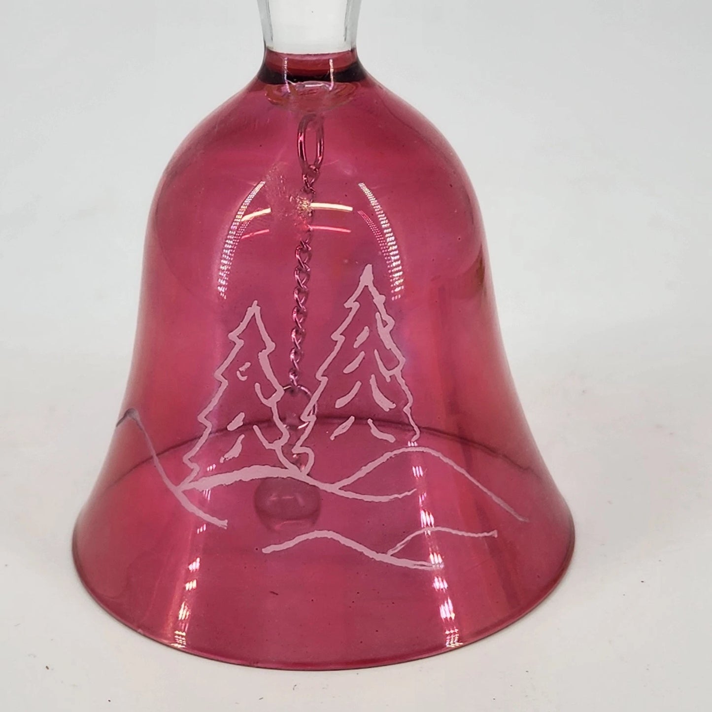 Sickles Cranberry Glass Bell Etched Winter Pine Trees Hills Clear Handle 6" Vtg