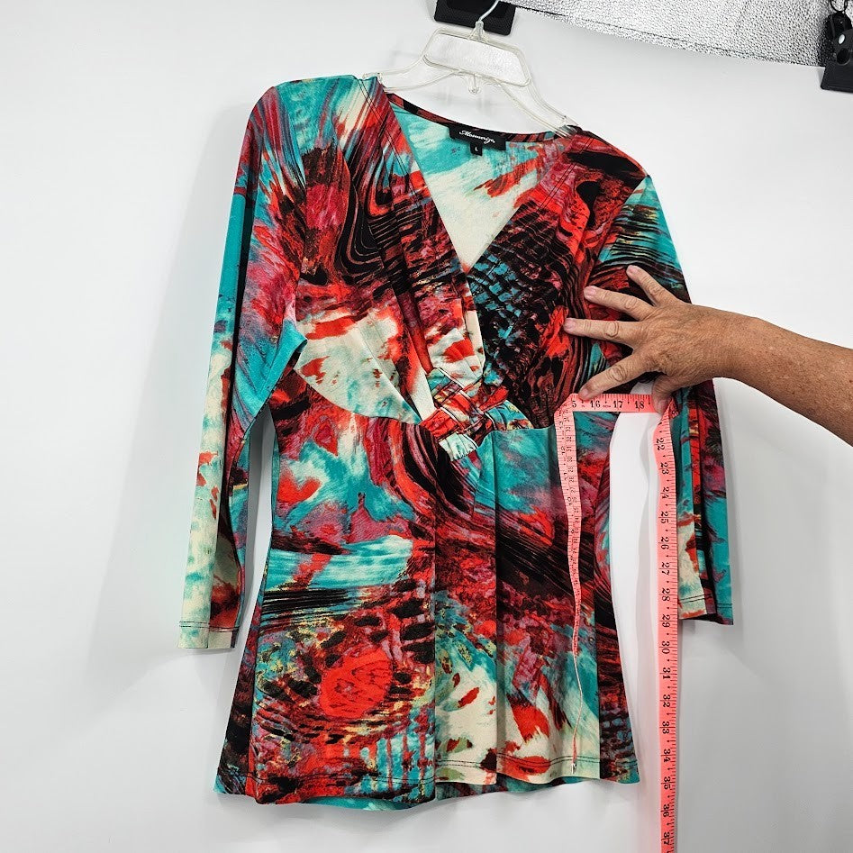 Y2K Mesmerize Retro Blouse Women’s L Multicolor Funky Print V-Neck Festival Top