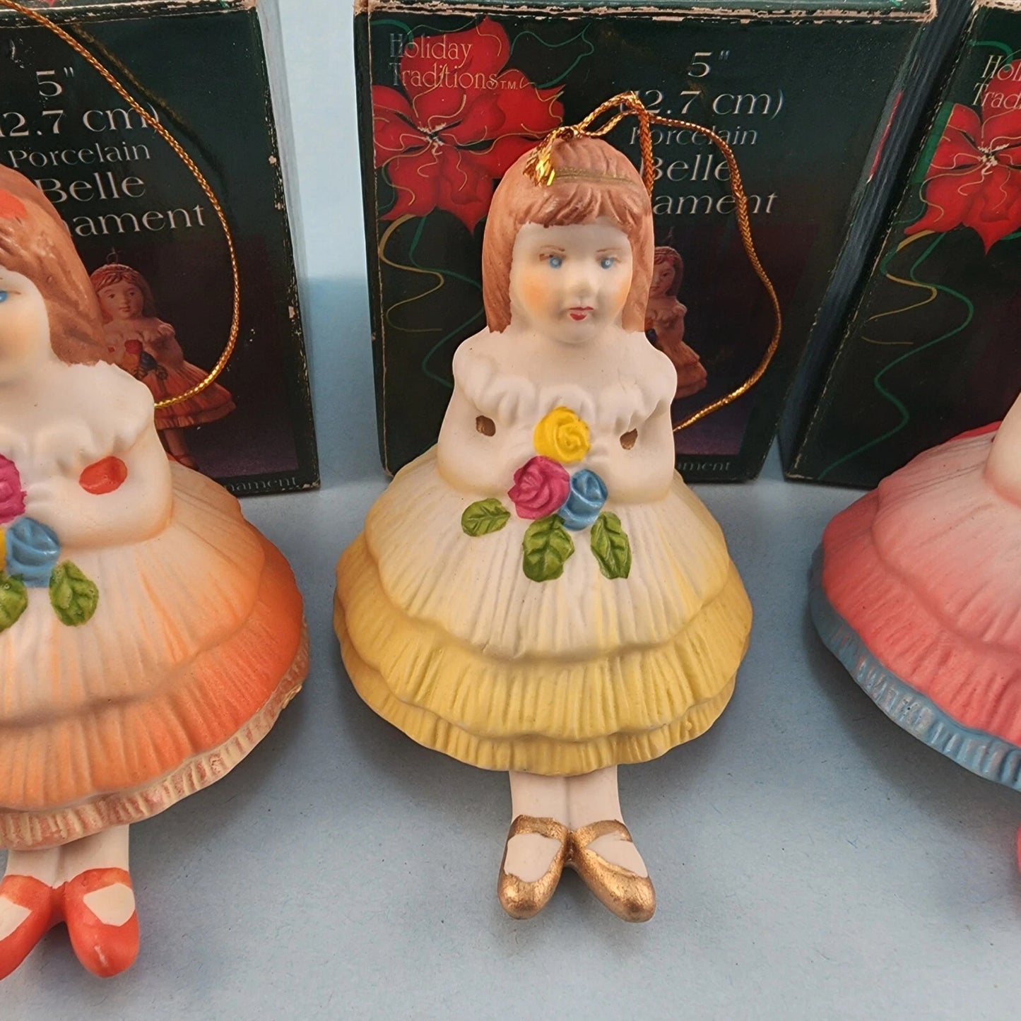 3 Young Girl Christmas Ornaments Porcelain Bell Hanging Leg Chimes w Box Vintage