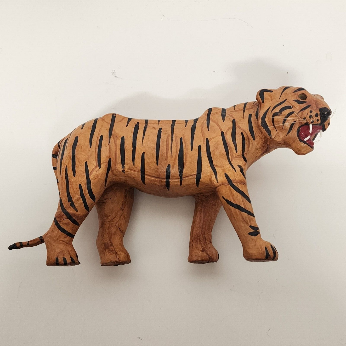 Large Leather Wrapped Tiger Figurine Walking Vintage 15" L x 3½" W x 7½" H