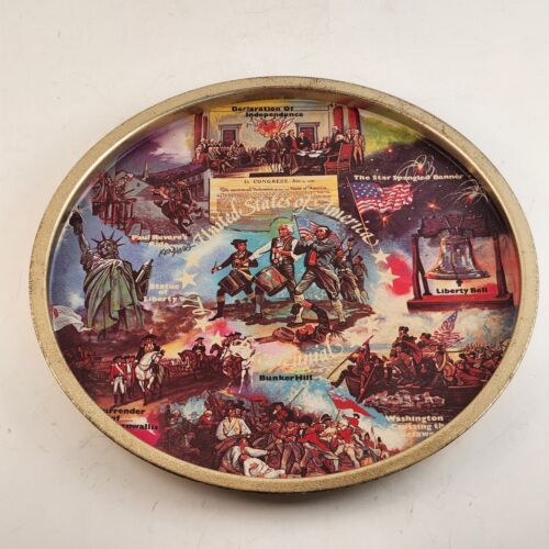 US Bicentennial Patriotic Metal Tray Revolutionary Images 11" Across Vintage