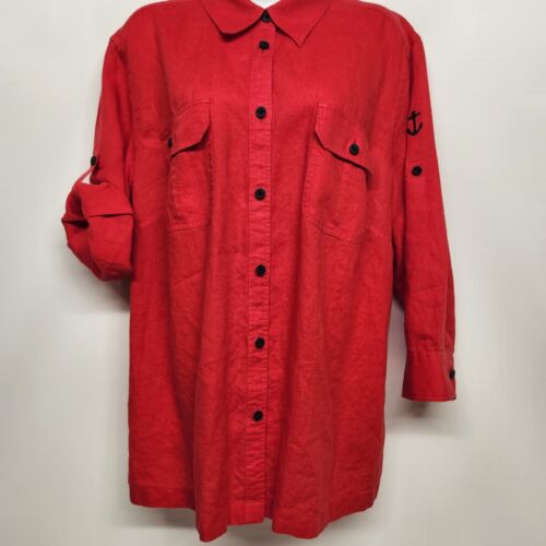 Ralph Lauren Size 2XL Women's Red Button Up Shirt with Cuffed Button Sleeve