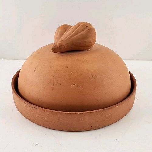 Terra Cotta Garlic Baker Ceramic Dish & Cover Glazed Cook Surface Bisque Finish