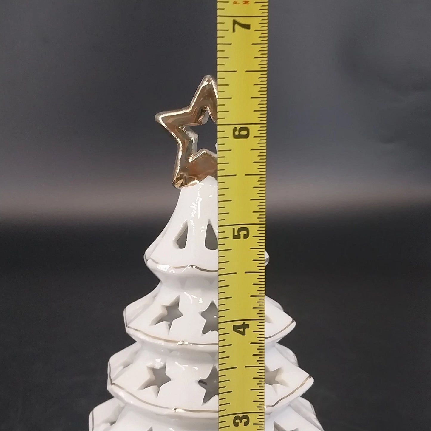 White Ceramic Christmas Tree Tea Light Holder Gold Star Cutouts 6.5" Holiday
