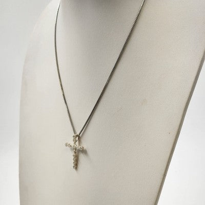 Silver Tone Box Chain with Crystal Clear Rhinestone Cross Pendant 11.5" Necklace