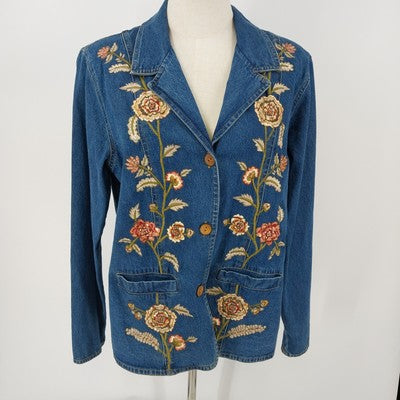 Country Door Blue Denim Jacket XL Floral Embroidery Wood Button Front Women's