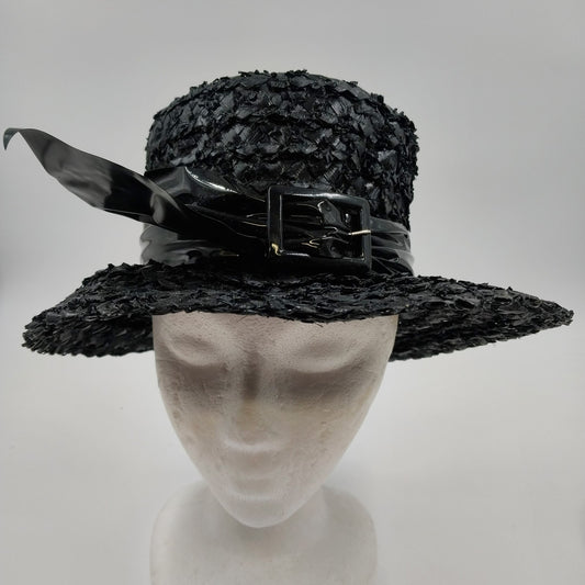 Mr. Lewis Black Raffia Woven Straw Hat Tall Crown Wide Brim Ribbon Bow w/ Buckle