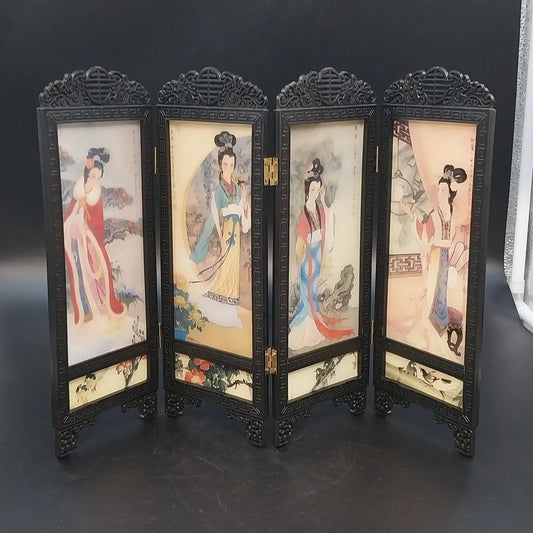 Chinese Mini Folding Tabletop Screen 4 Panel Double Sided Geisha Asian Decor Vtg