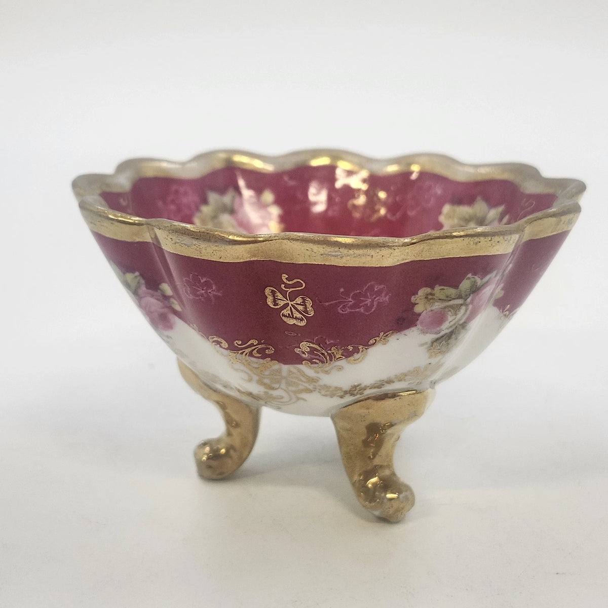 O&EG Royal Austria Porcelain Footed Bowl 3.75" Pink Gold Floral Scalloped Ribbed