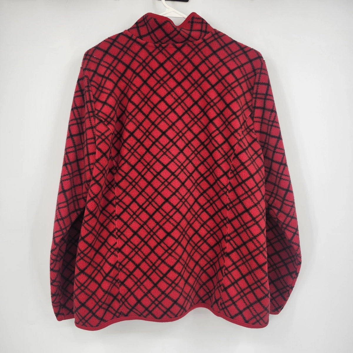Karen Scott Sport Women's Fleece Jacket Large Red Black Plaid Full Zip Pockets