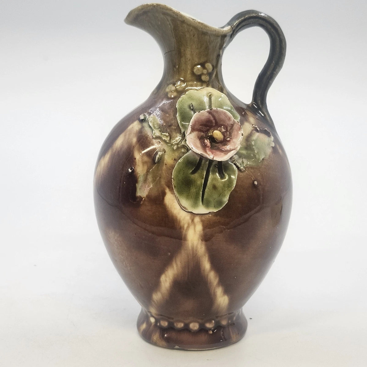 Pottery Pitcher 5" Brown Drip Glaze Hand Applied Floral Art Signed G. Wyand Vtg