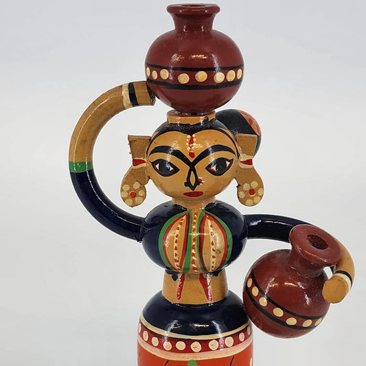 Channapatna Handmade Wooden Doll Woman Carrying Water Pots Karnataka India 7.5"