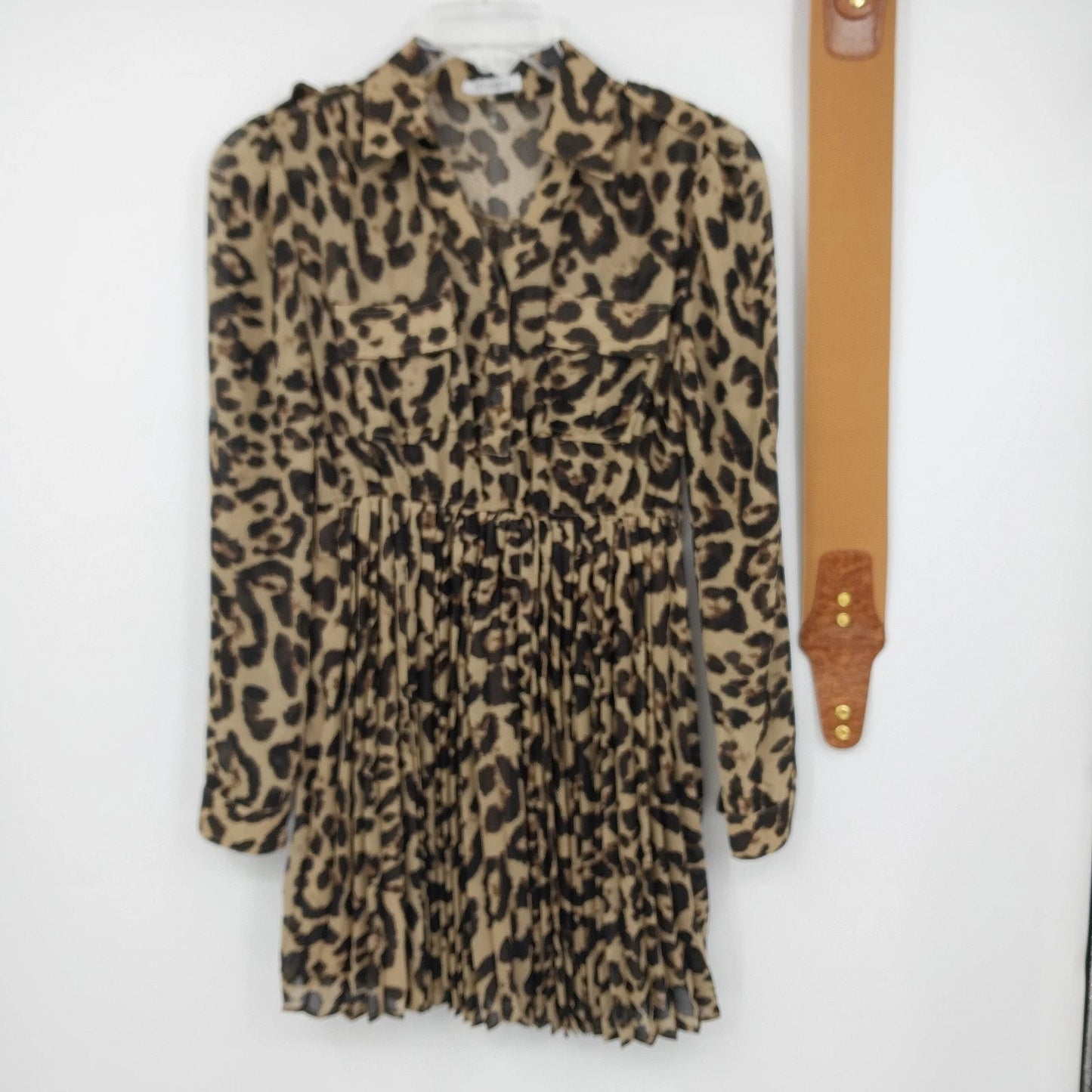 Xtaren Women's Leopard Print Sheer Pleated Mini Shirt Dress Long Sleeve Small