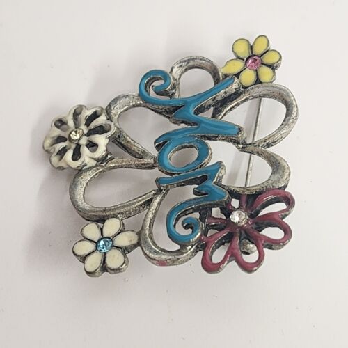 Silver Tone MOM Brooch Multicolor Enamel Flowers with Rhinestones 1.5" x 1.5"