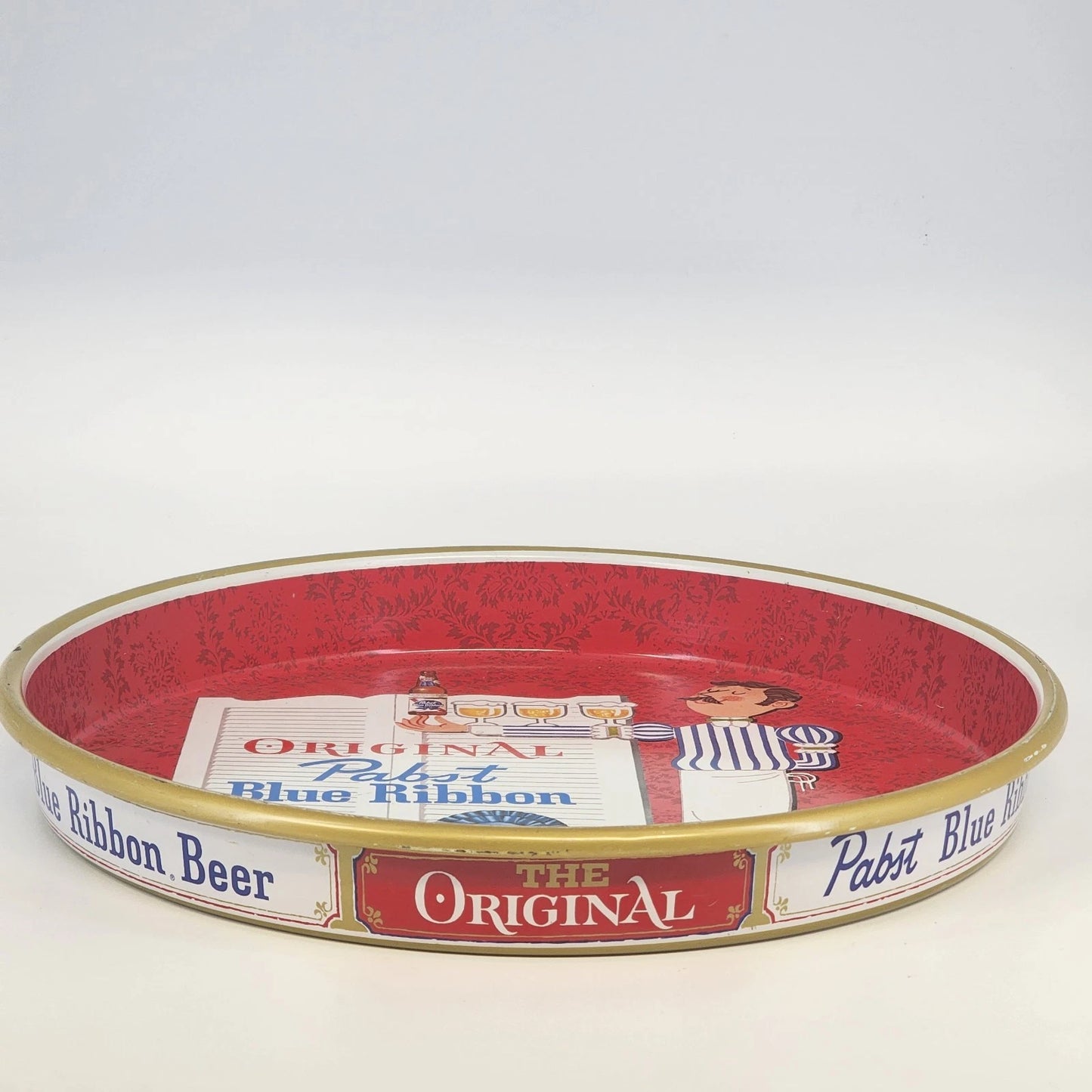 Metal Beer Serving Tray 13" The Original Pabst Blue Ribbon with Waiter Vintage