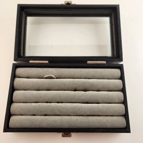 Glass Top Lid Black Ring Showcase Jewelry Display Storage Organizer Box 8½ Long