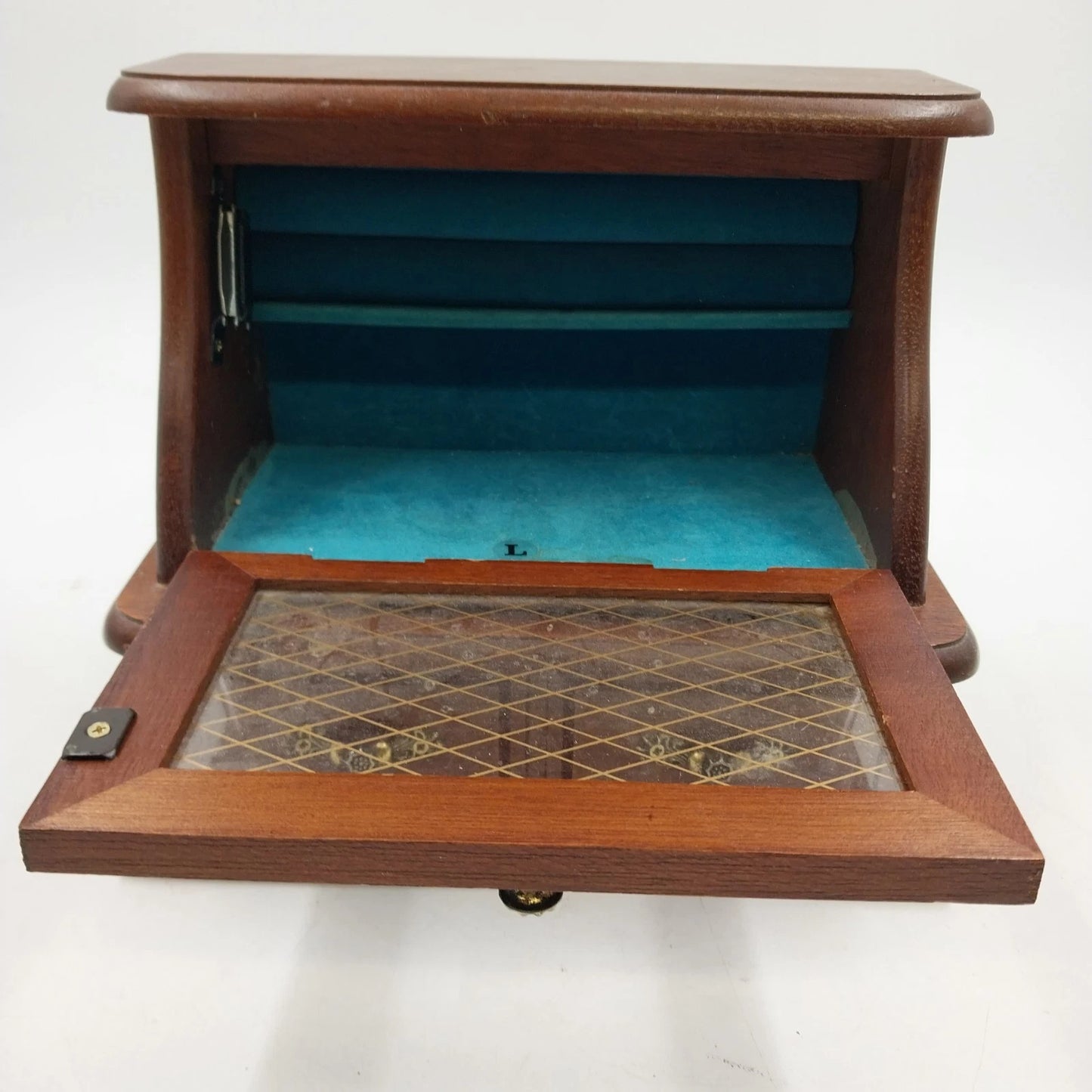 Wooden Musical Jewelry Box Jay Imports Angled Top Gold Diamond Blue Velvet 8"