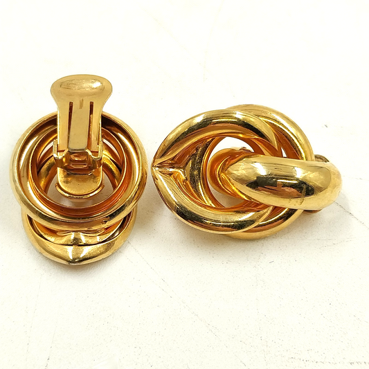 Gold Tone Knotted Clip-On Earrings Vintage Bold Statement Retro Jewelry Loops