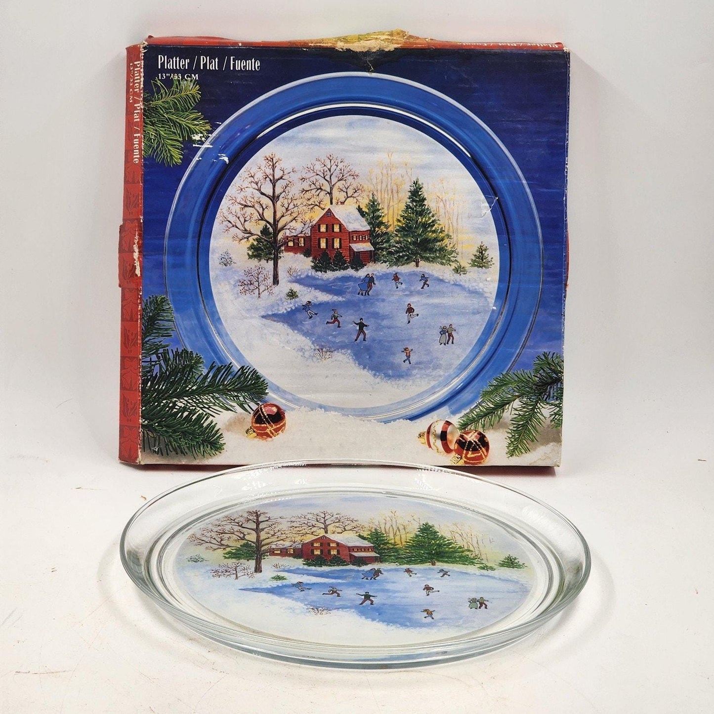 Clear Winter Platter Indiana Glass Lancaster 13"x1'' Christmas Skating Scene