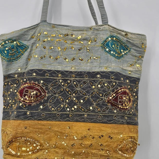 Boho Sequin Denim Cotton Tote Bag India Sparkle Blue Shoulder Purse Artisan 14"