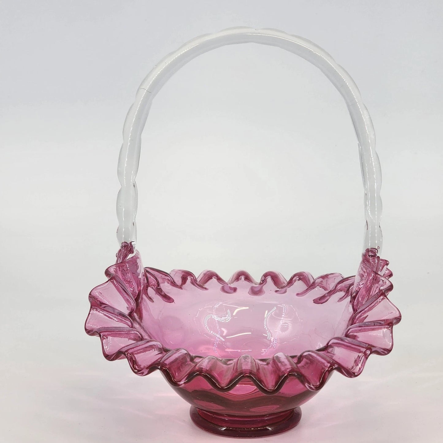 Vintage Fenton Cranberry Glass Basket Coin Dot Ruffled Handle