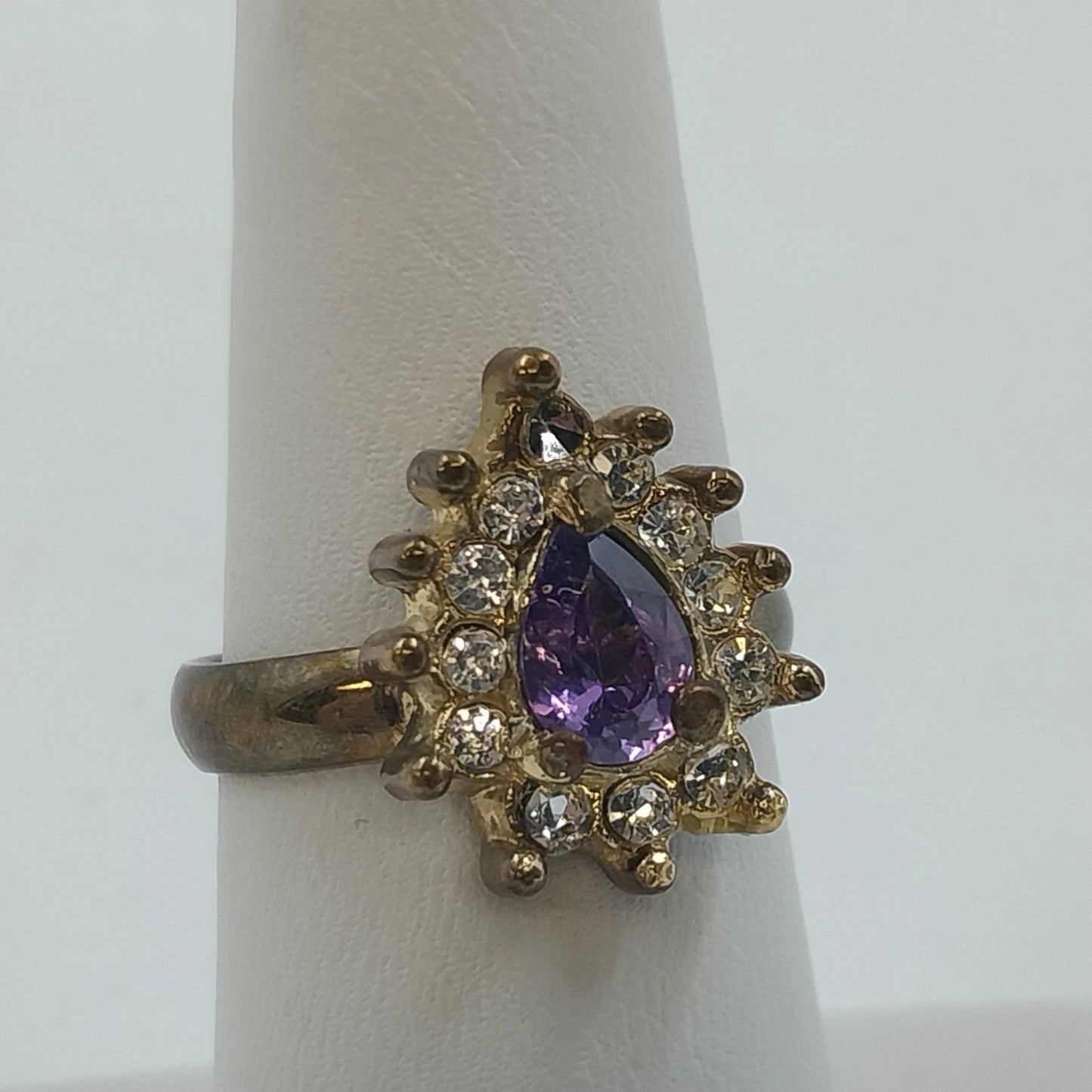 Gold Tone Purple Teardrop Halo Ring w Clear Rhinestone Adjustable Size 7 Jewelry