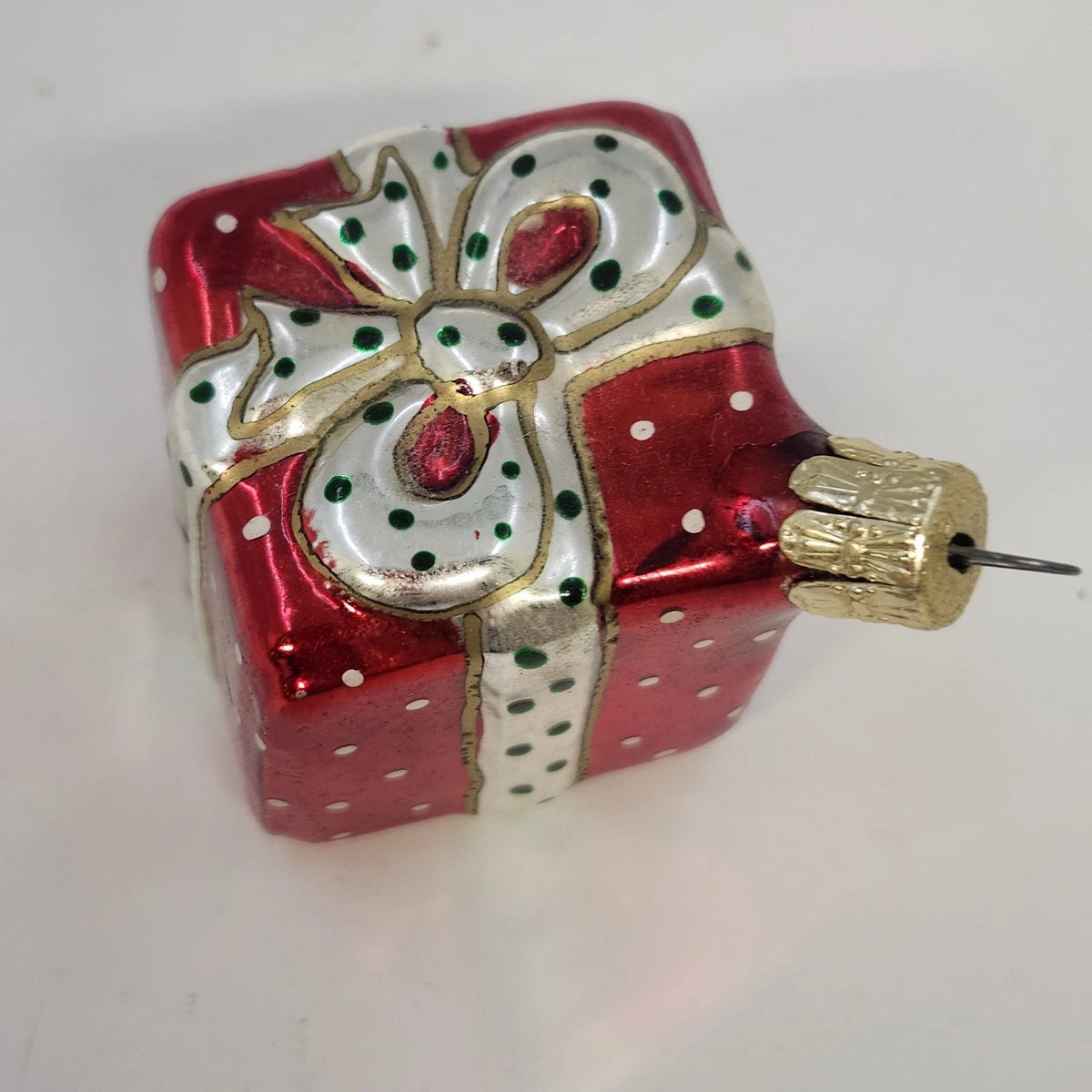 Czech Glass Christmas Present Gift Box Ornament Red Hand Painted 1.75" Vintage