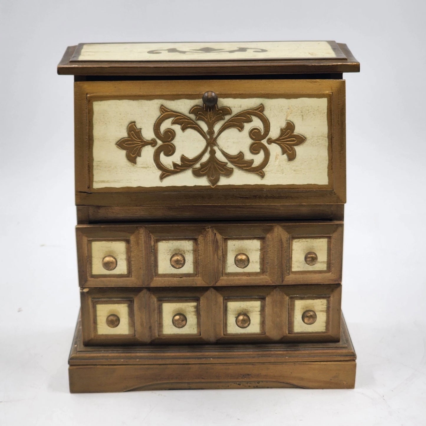 Musical Jewelry Box Wood Wind Up Hinge Top Desk 2 Shelves & 2 Drawers Gold Works