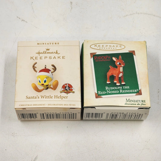 2 Hallmark Keepsake Miniature Ornaments 2000's Santa's Wittle Helper and Rudolph