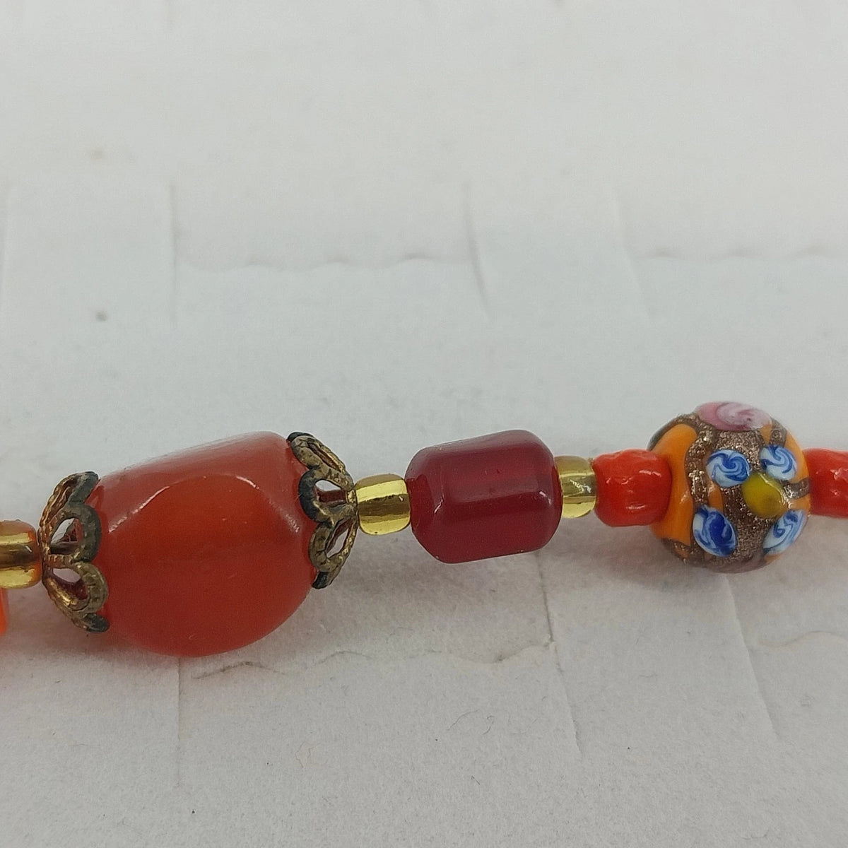 Orange Glass Bead Millefiori Crystal Accent Bracelet 8" Handmade Unbranded