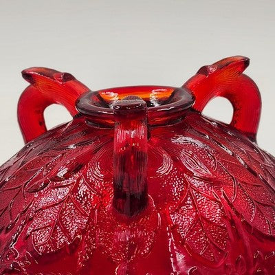 Fenton Ruby Red Glass Bowl 8" Wide Leaf Flowers Footed Dish Ruffled Edge