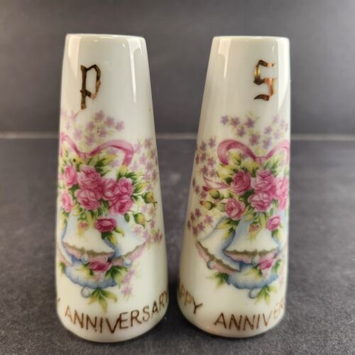 1950s Happy Anniversary Salt Pepper Shakers Set Ceramic Japan Porcelain 3-1/2"