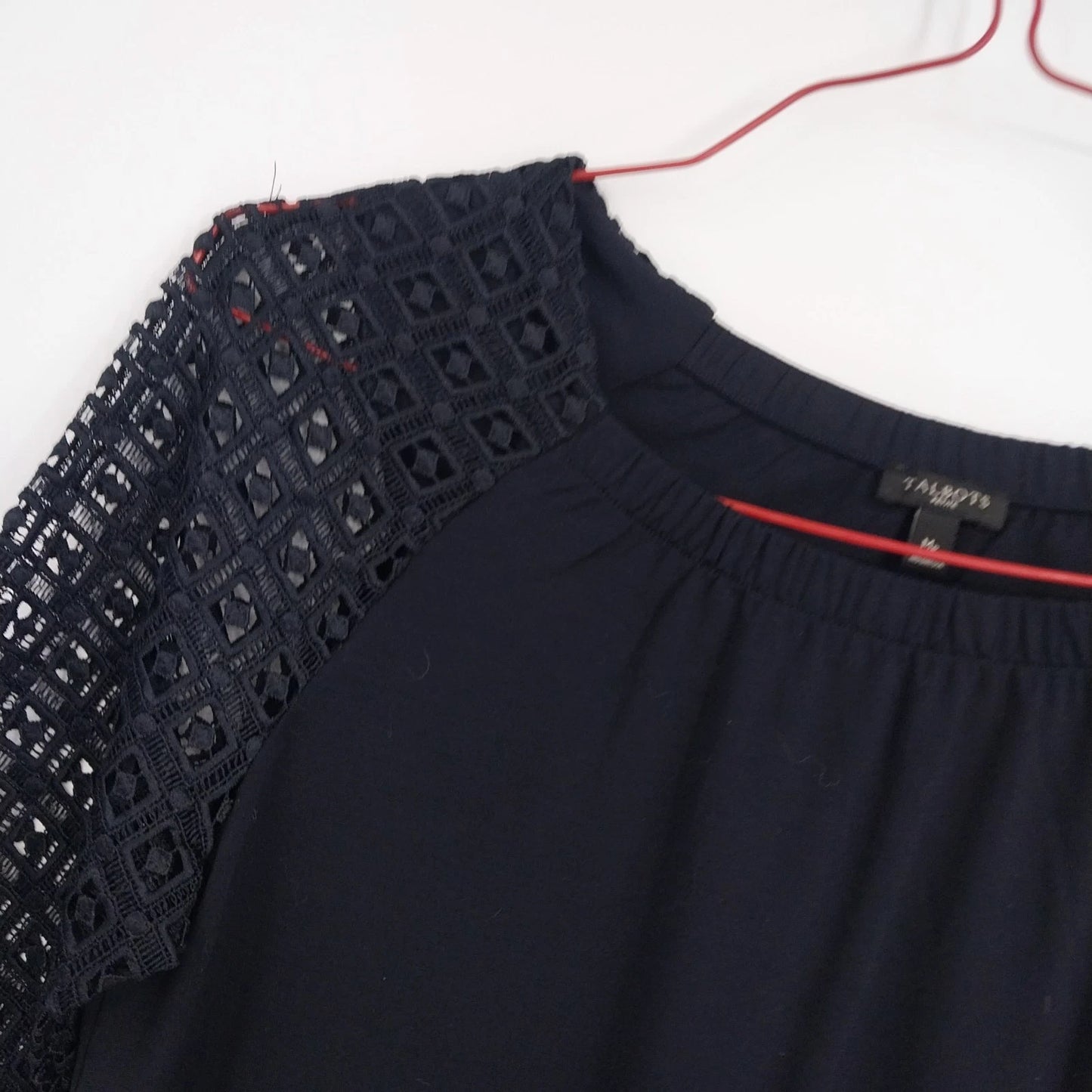 Talbots Petite Navy Blue Lace Sleeve Blouse Women MP 3/4 Sleeve Crochet Knit Top