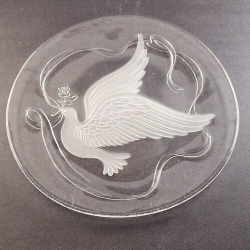 Dove Platter 13” Round Frosted Glass LE Smith Peace On Earth Bottom Embossed