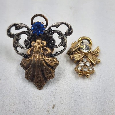 Jewelry Lot 2 pc Brooch Gold Tone Angel Lapel Pin & Rhinestone Angel Pendant