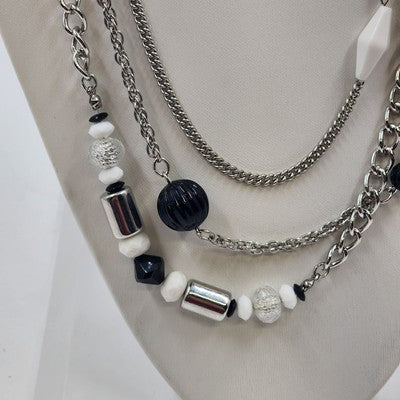 Silver Tone Chains w Black White & Silver Tone Beads Three Strand Necklace 17"
