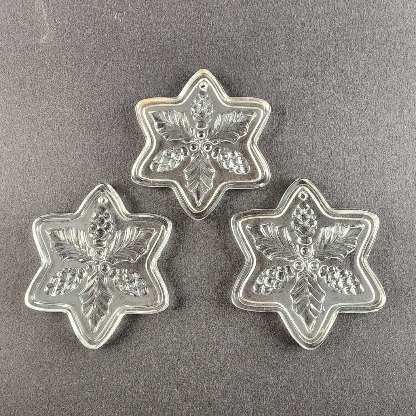 Set 3 Fostoria Lead Crystal True Holly Christmas Ornaments 3.5" Clear Glass