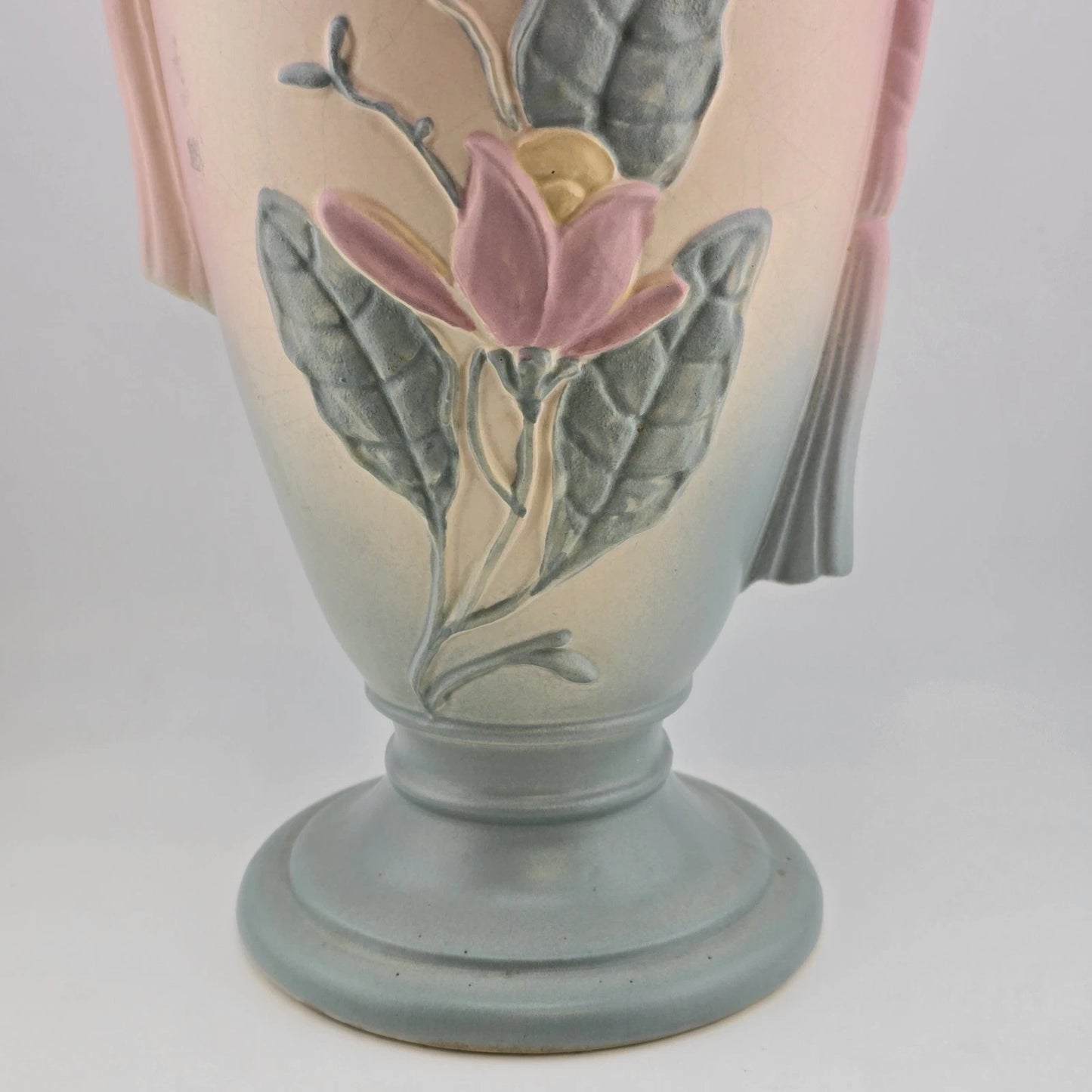 Magnolia Trophy Vase Hull Art Pottery 12.5" Matte Pink Flower Tassel Handle