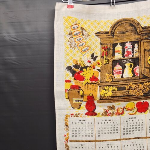 Country Cabinet with Spices 1976 Calendar Linen Kitchen Towel Vintage 27" x 16"