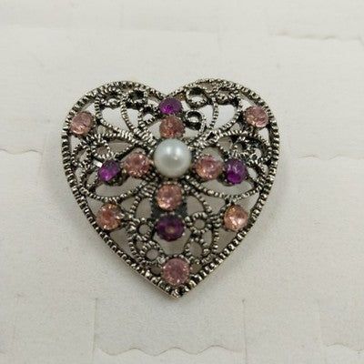 Silver Tone Filagree Heart Shape Brooch/Pin with Faux Pearl & Faceted Rhinestone