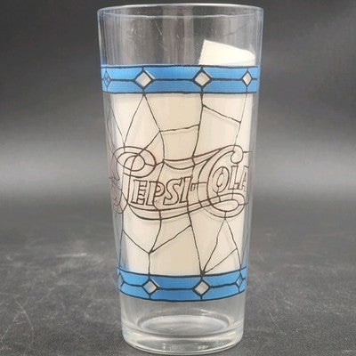 Pepsi-Cola 12oz Drinking Clear Glass 6.25" Stained Glass Tiffany Style Vtg 1970s