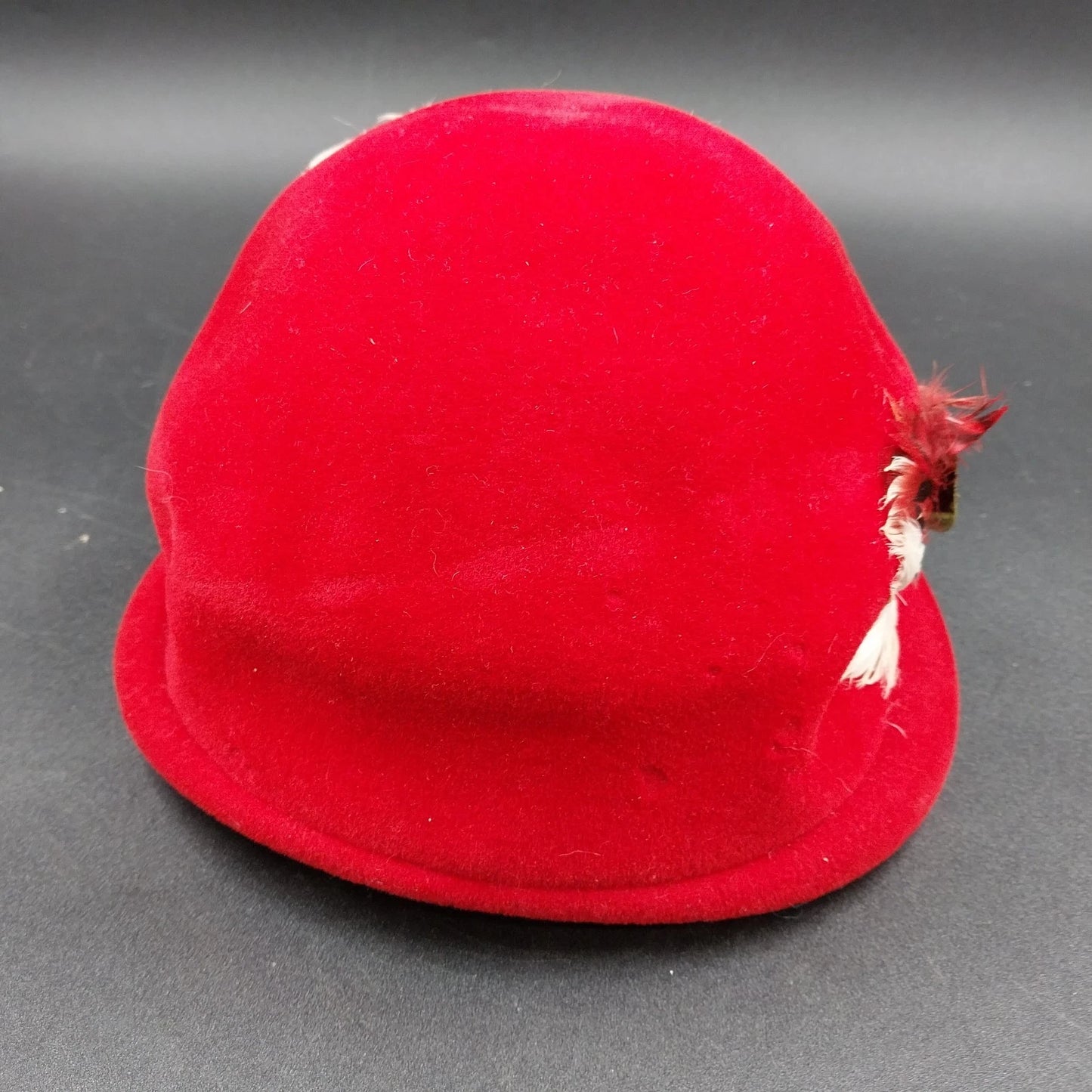 Women's Red Velvet Pillbox Hat By Replica de Parisienne Feather Accent Vintage