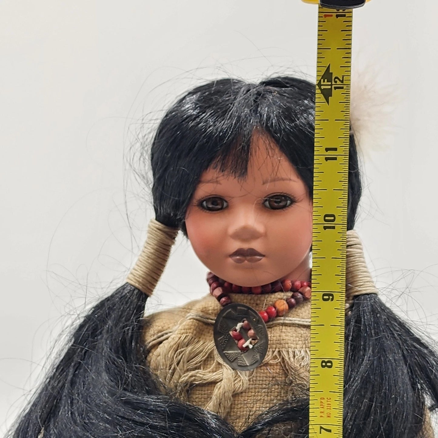 Native American Porcelain Doll Indigenous Girl Kneeling Traditional Dress 12"