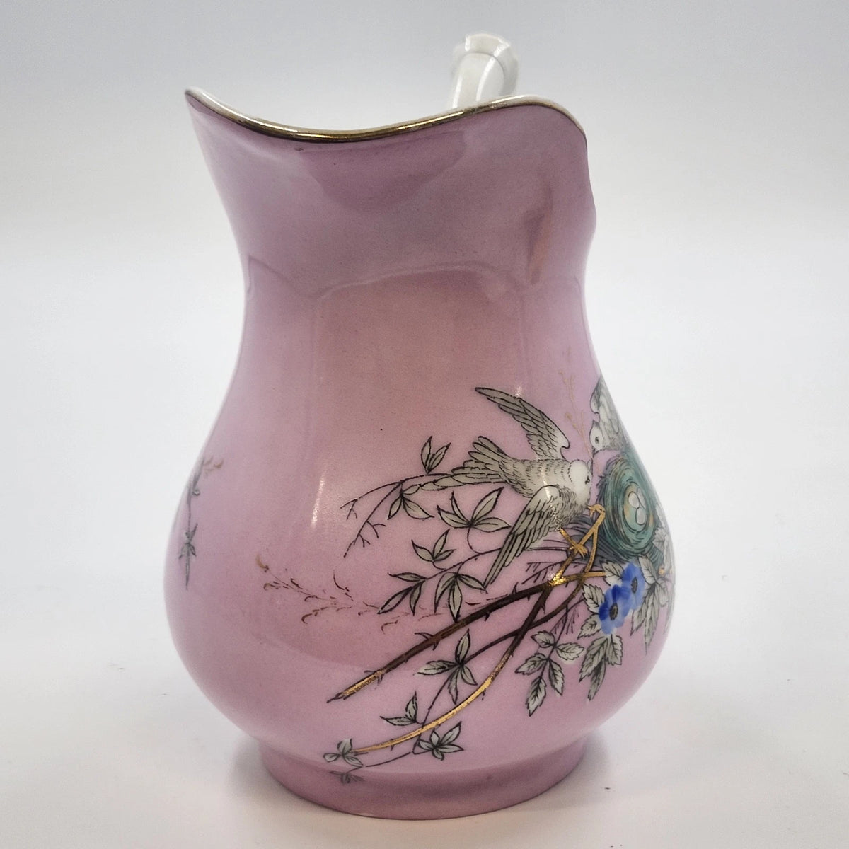 Pink Porcelain Creamer Pitcher Birds Nest Blue Flowers Gold Trim 6" Vintage