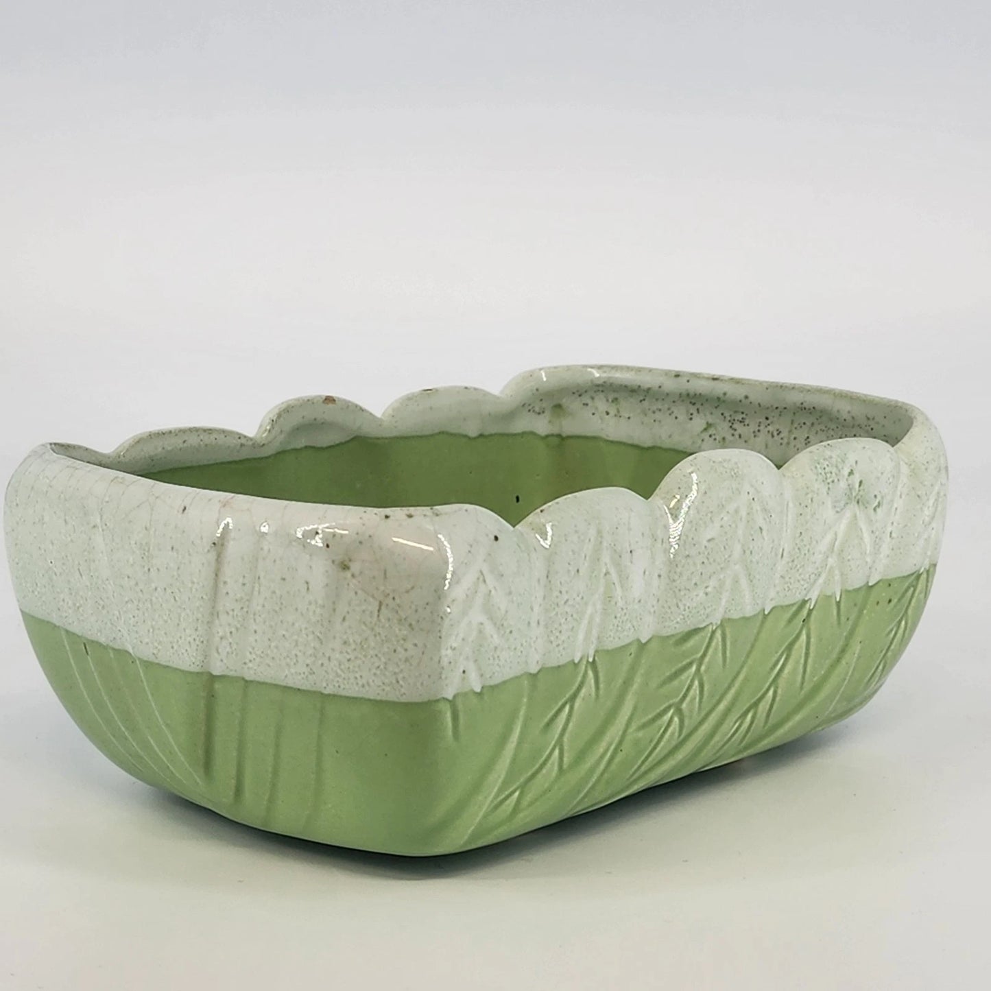 Majolica Rectangular Planter Green & Cream Embossed Leaf Design Two Tone 6.5"
