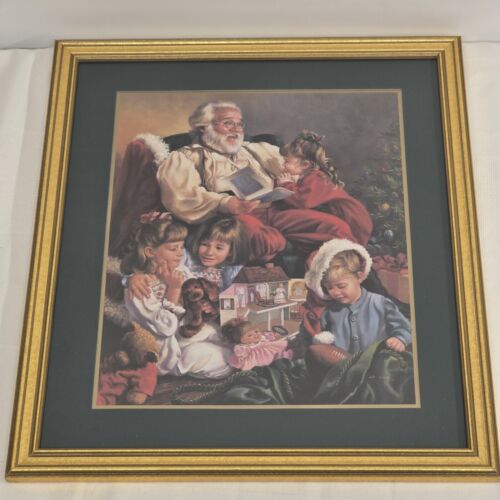 Santa Reading to Children Home Interiors Print 14x16” Gold Frame Green Matting