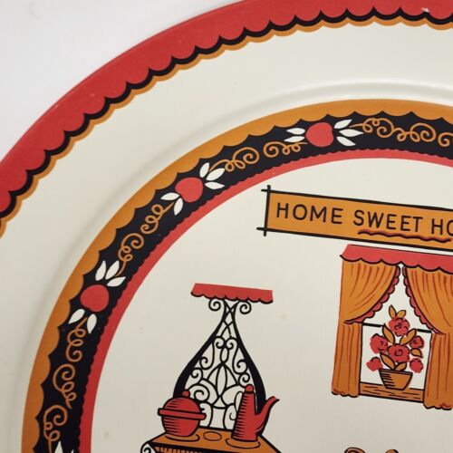 Maxey Folk Art Metal Tray Home Sweet Home Red Orange Vintage 1950s Hearth 19"